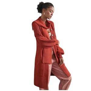 Anthro Tiny ORANGE wool knit shawl sweater cardigan cowl‎ neck pockets Small